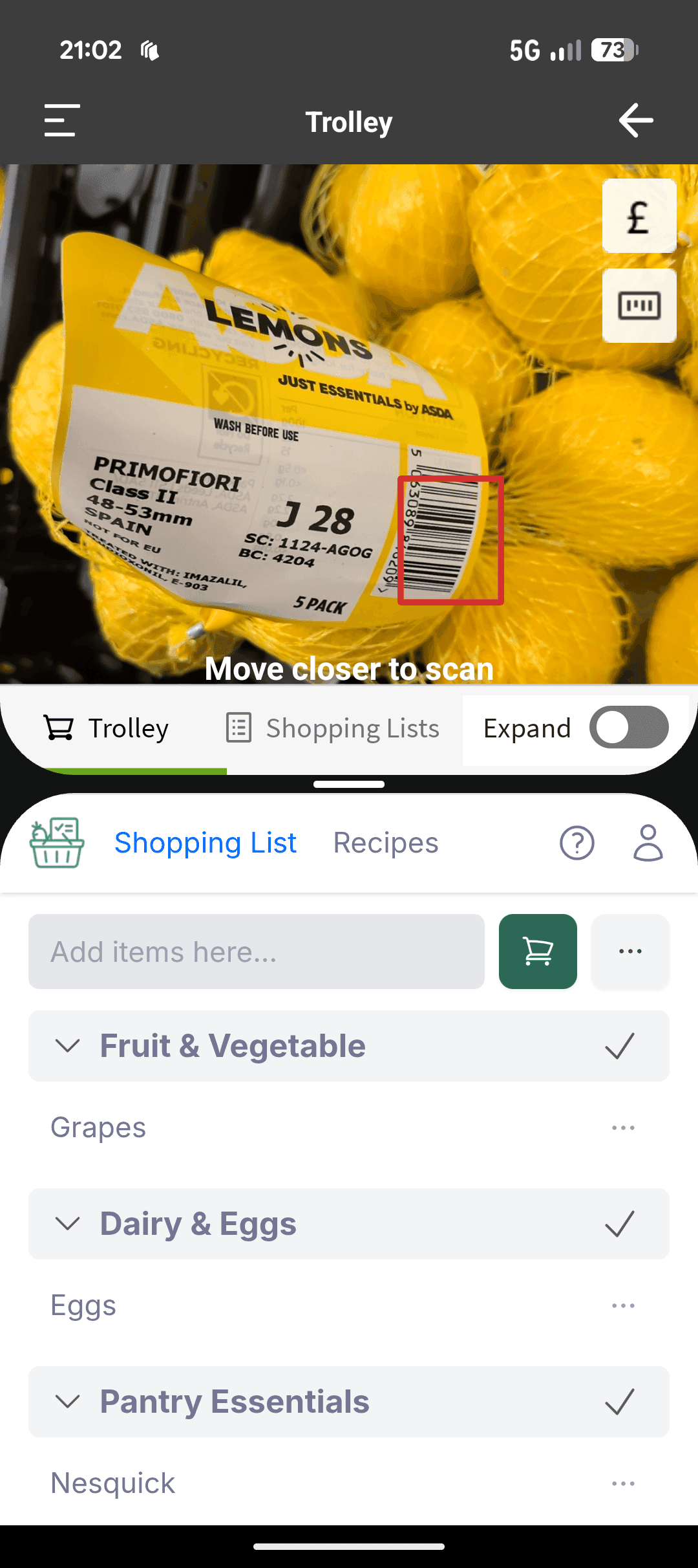 DIY Weekly Shop list displayed alongside ASDA in-store scan and pay app showing how they work together