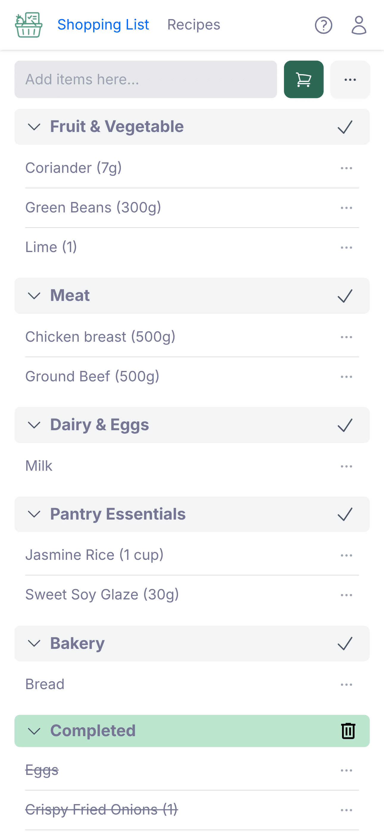Shopping list organized by aisle with items categorized